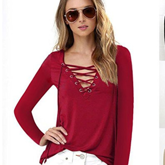 Plunging Lace Up V-Neck Long Sleeve Top, Medium - Picture 6 of 6